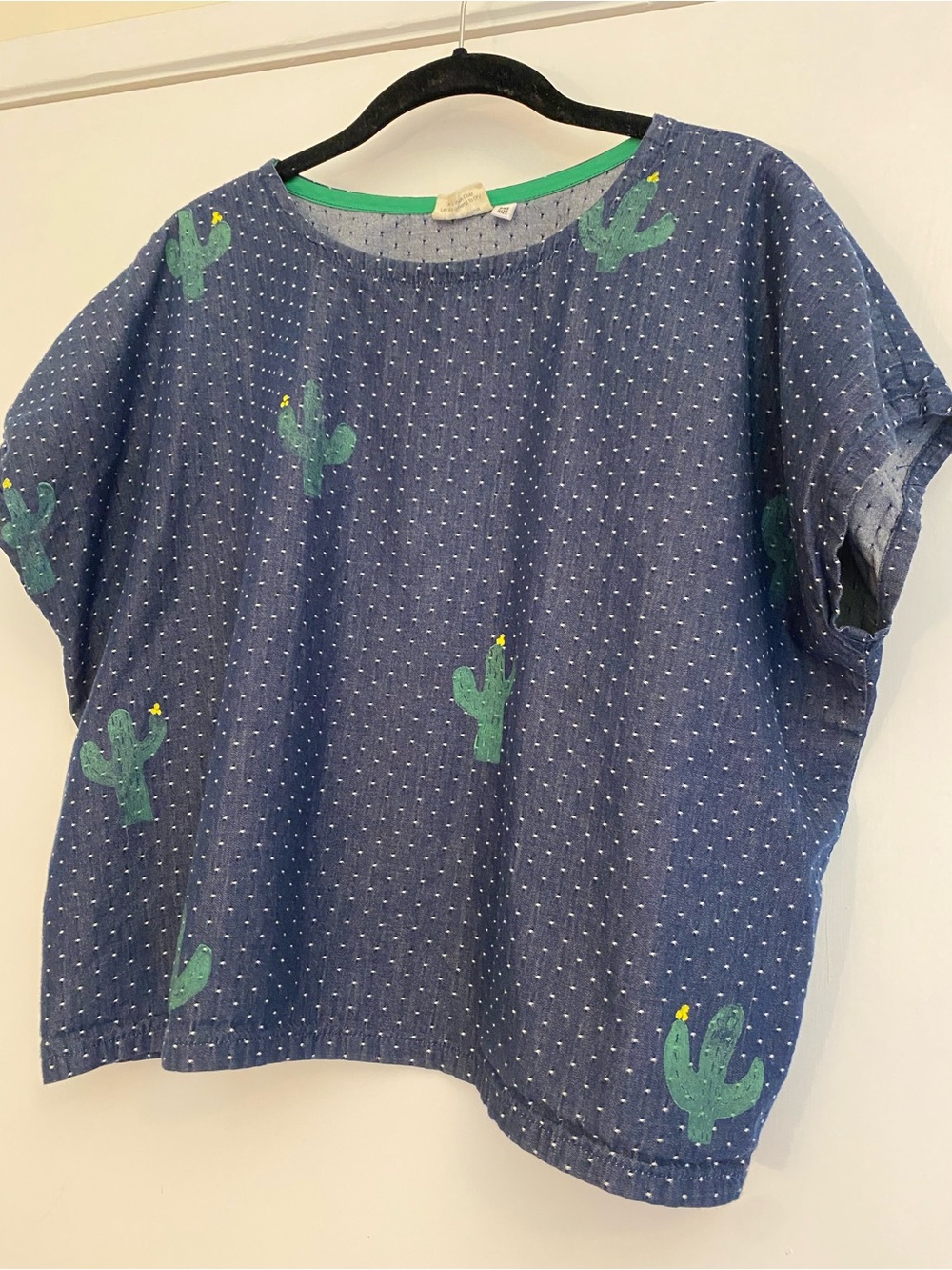 Jenny Lemons Navy Polka Dot Cactus Print Cap Sleeve Cropped Blouse
